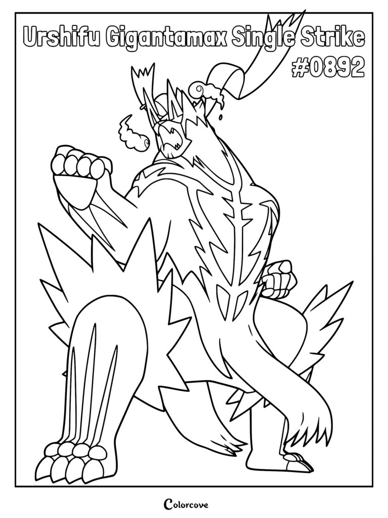 Gigantamax Single Strike Urshifu with raised fist in a dynamic battle stance as a printable coloring page.