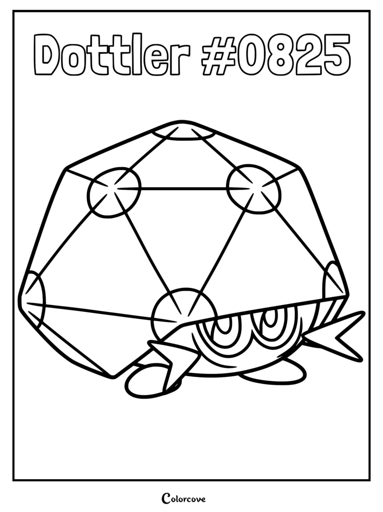 A detailed Dottler coloring page featuring the Galar region Pokémon with its distinct geodesic dome shell and large eyes.