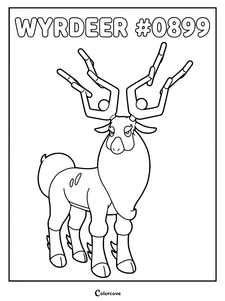 Detailed Wyrdeer Pokemon coloring page showing the majestic deer-like creature with large branching antlers standing in a proud pose.