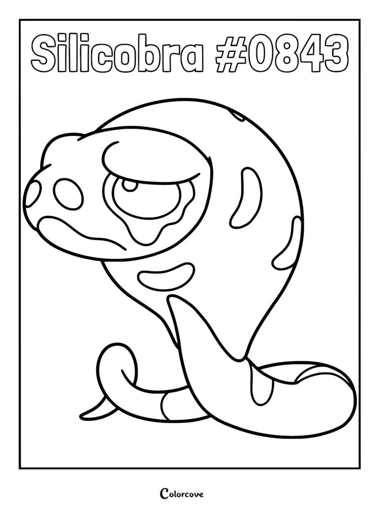 A detailed line art coloring page of the Galar region snake Pokemon Silicobra, featuring its distinct rounded head, hooded neck, and patterned serpent body.
