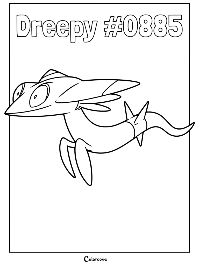 A printable coloring page of the Dragon and Ghost-type Pokemon Dreepy, featuring its signature arrowhead head and long, slender body.