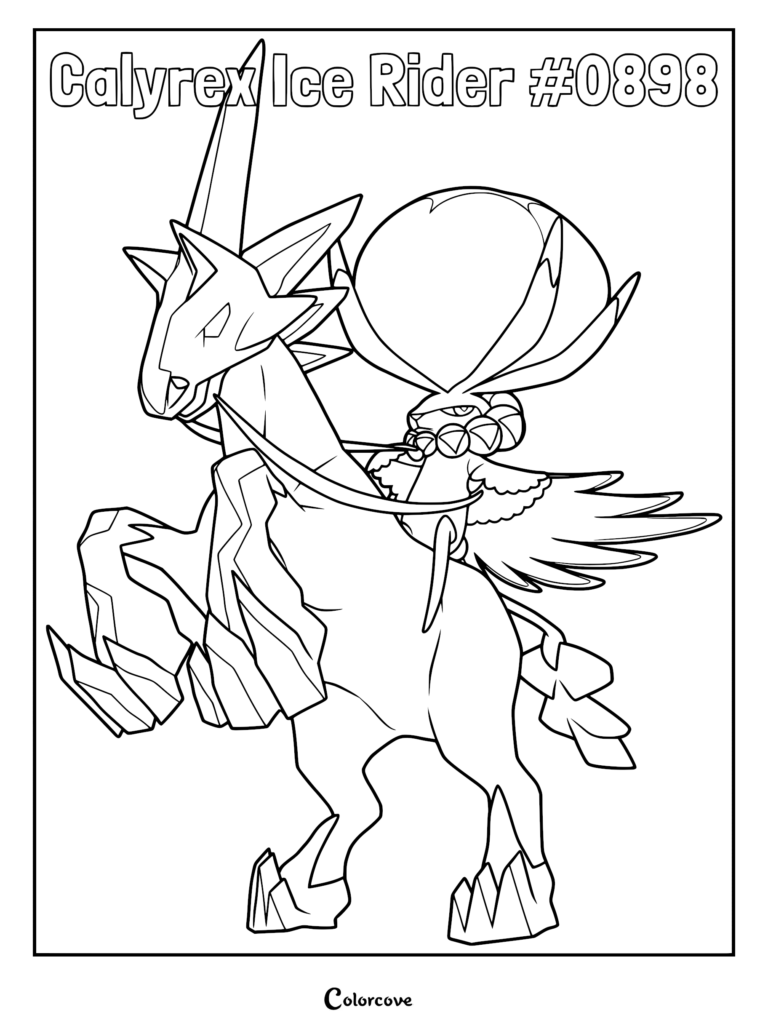 A detailed line art coloring page of Calyrex Ice Rider in its prancing pose with its crown and ice-crystal mane.