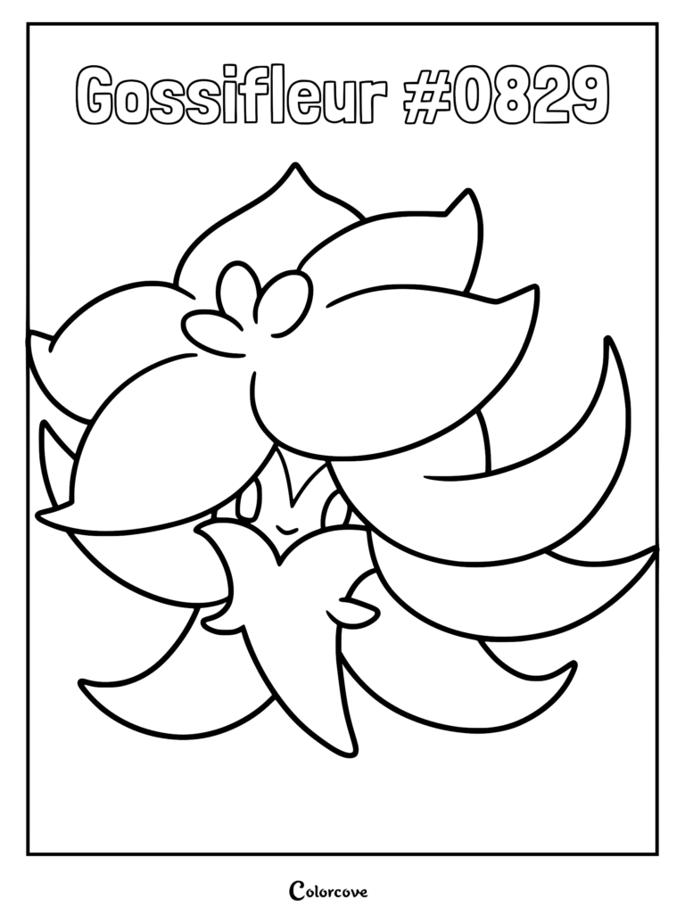 Gossifleur, the Grass-type Pokemon from Galar, featured in a simple line art coloring page with large, blooming petal-like leaves surrounding its face.