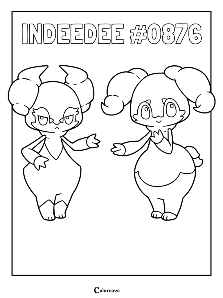A line art coloring page featuring both the male and female forms of Indeedee, the Galar region Psychic-type Pokemon.