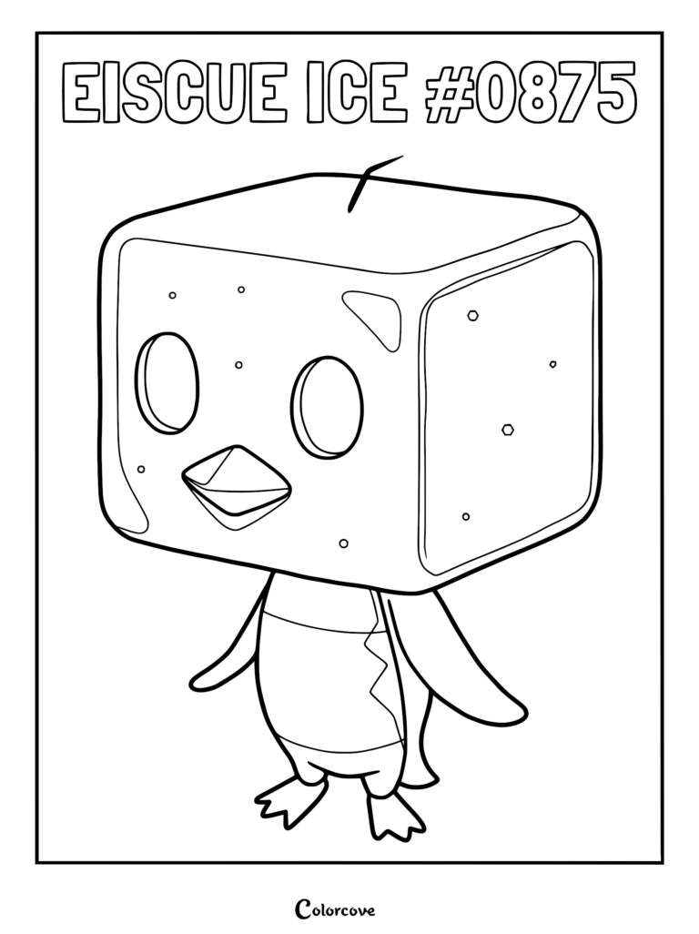 A printable coloring page featuring the Galar Pokémon Eiscue Ice, showing its signature large cube-shaped head, small beak, and penguin-like body.