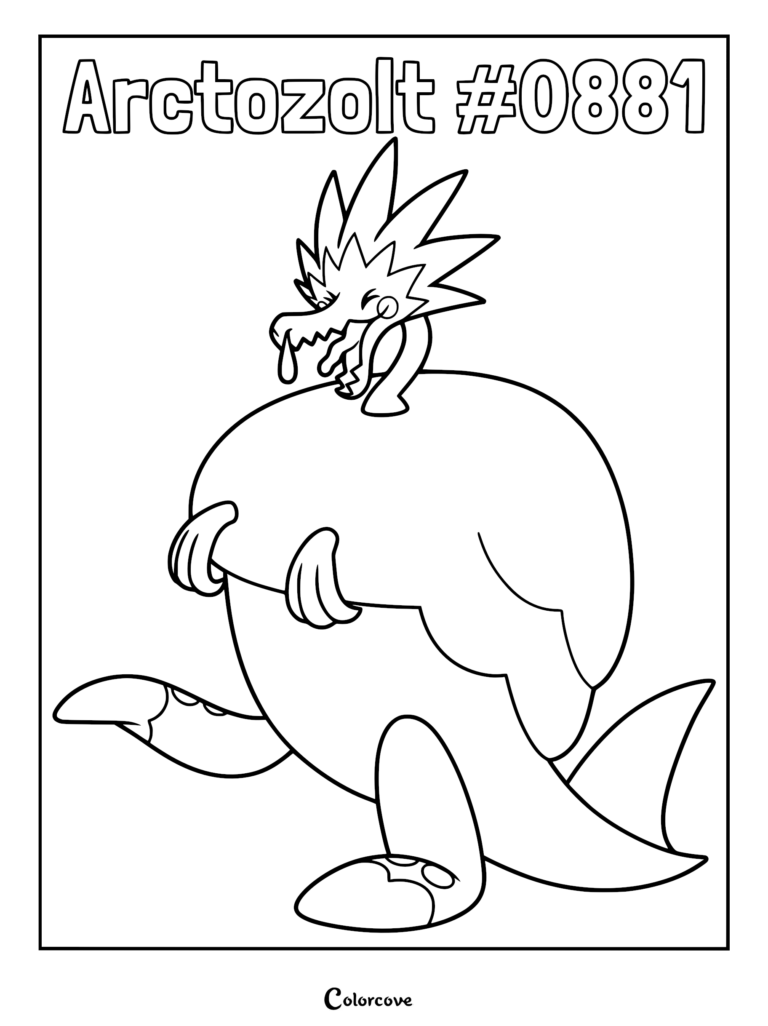 Black and white line art of the Pokemon Arctozolt, featuring its distinct shivering head and large, rounded body, designed as a printable coloring page.
