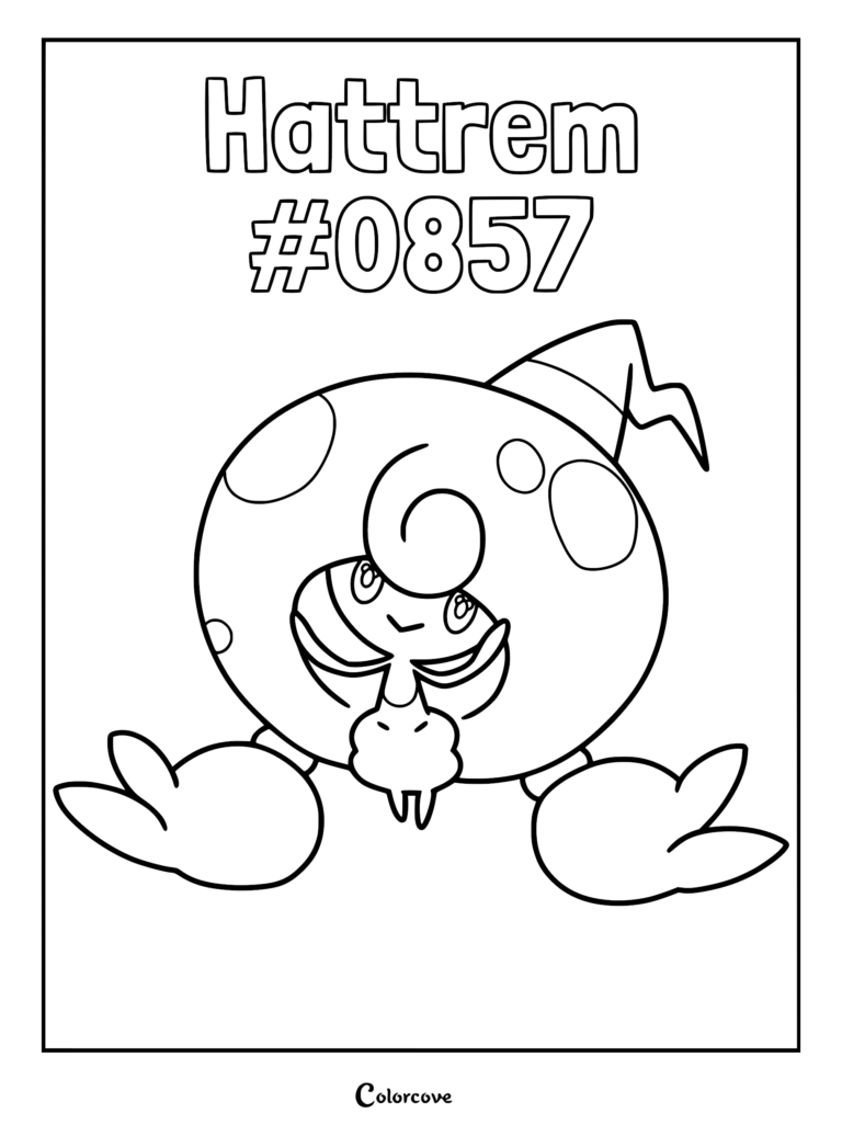 A printable Hattrem Pokemon coloring page featuring the psychic-type Galar creature with its signature bulbous head and witch-like hat.