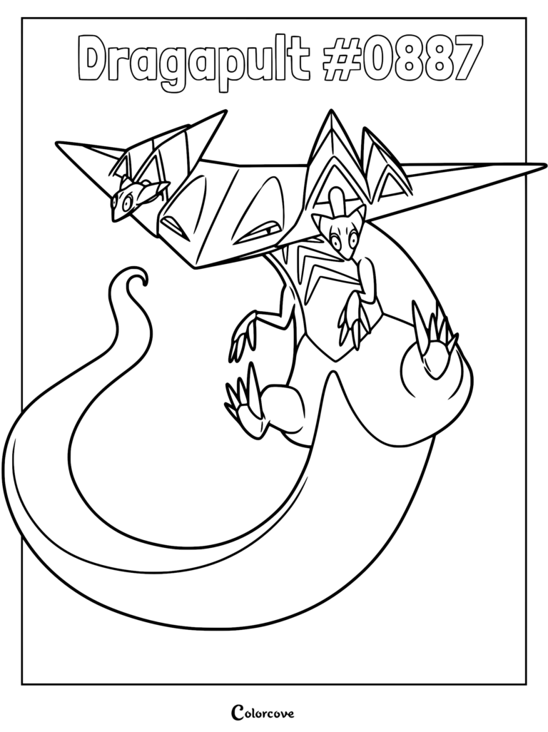 Detailed Dragapult coloring page featuring the Galar region pseudo-legendary dragon with two Dreepy residing in its head-mounted launching ports.