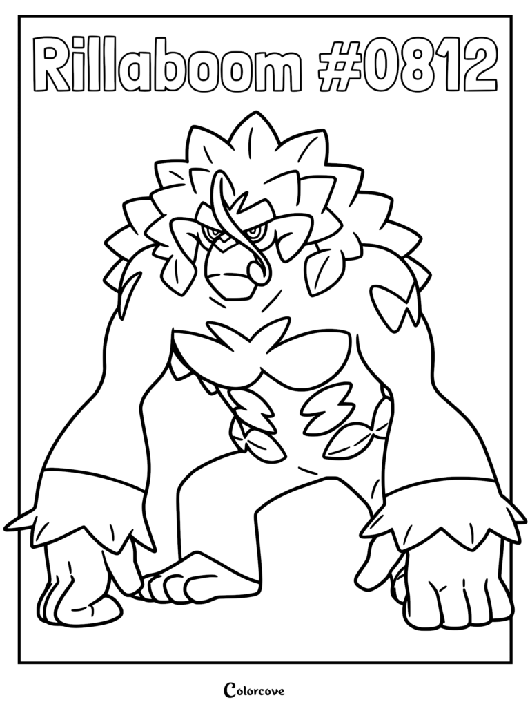 Printable Rillaboom #0812 Pokemon Galar line art coloring page featuring the powerful drumming gorilla with leaf-like hair.
