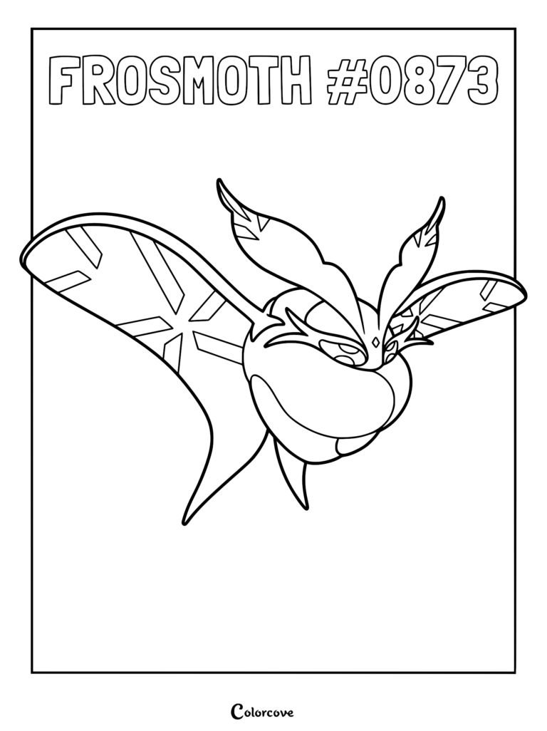 A printable Frosmoth #0873 coloring page featuring the Galar region ice-type moth Pokemon with its large, detailed icy wings outstretched.