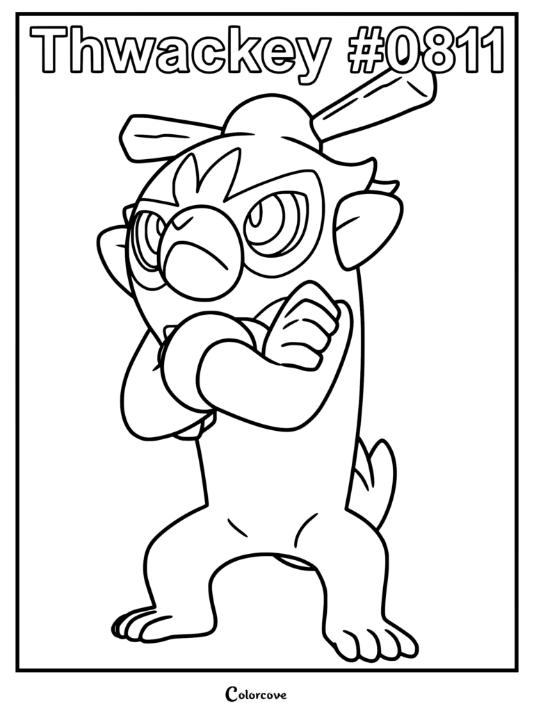 Thwackey from Pokemon Galar with crossed arms and two sticks in its hair, high-quality line art coloring page.