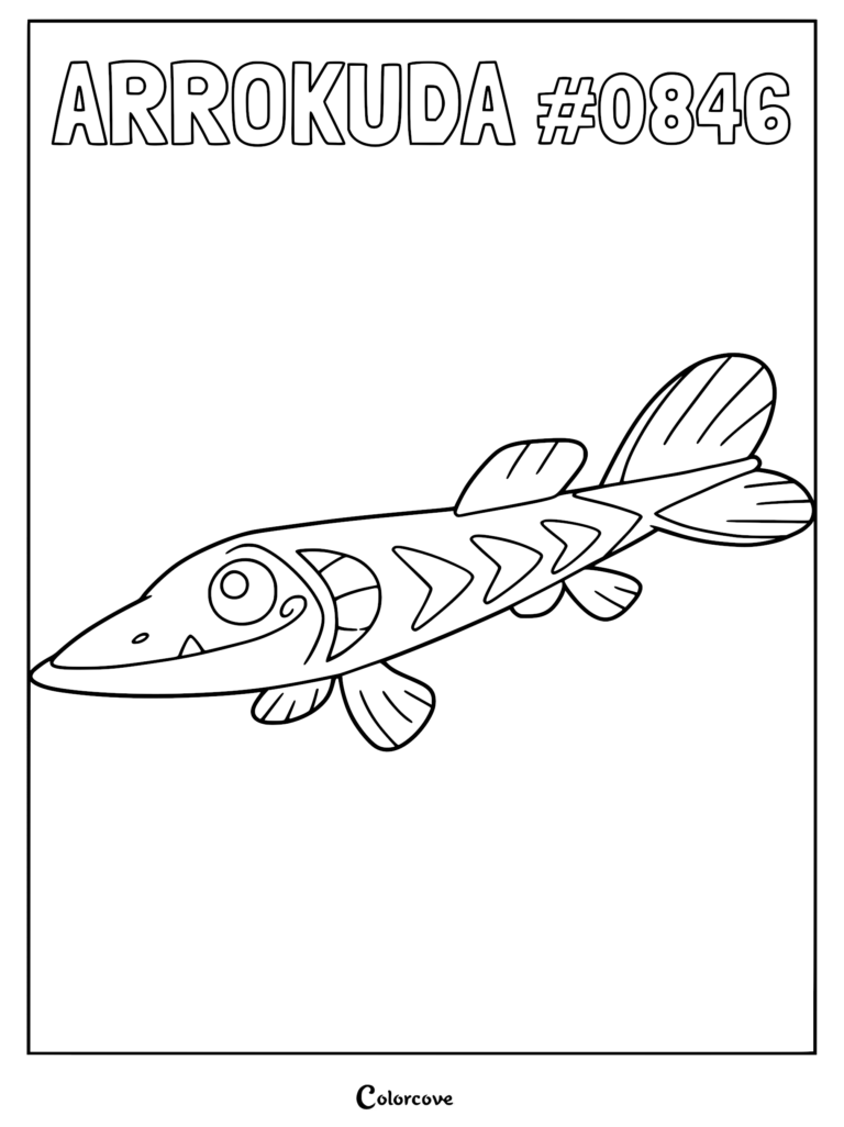 Arrokuda Pokemon #0846, a slender fish-like character, featured on a printable coloring page with clear line art.