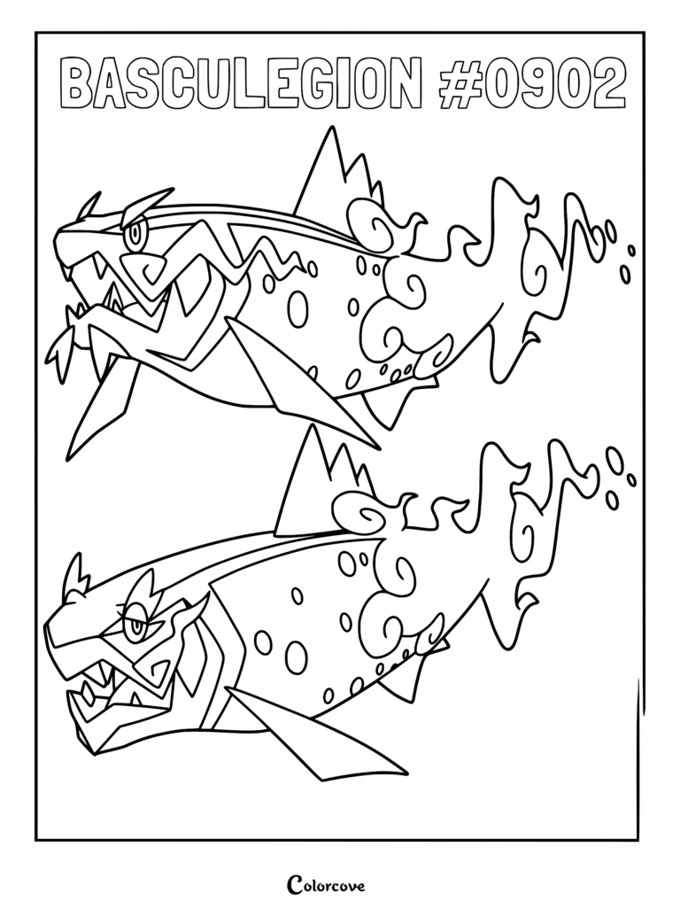 Basculegion coloring page featuring two fierce aquatic Pokemon with swirling ghost-like fins and pointed fins.