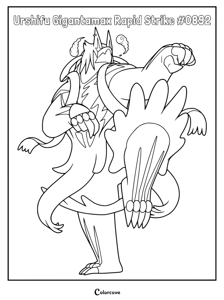 Urshifu Gigantamax Rapid Strike in a powerful standing kick pose, featuring flowing fur and distinct cloud-like Gigantamax energy wisps, perfect coloring page.