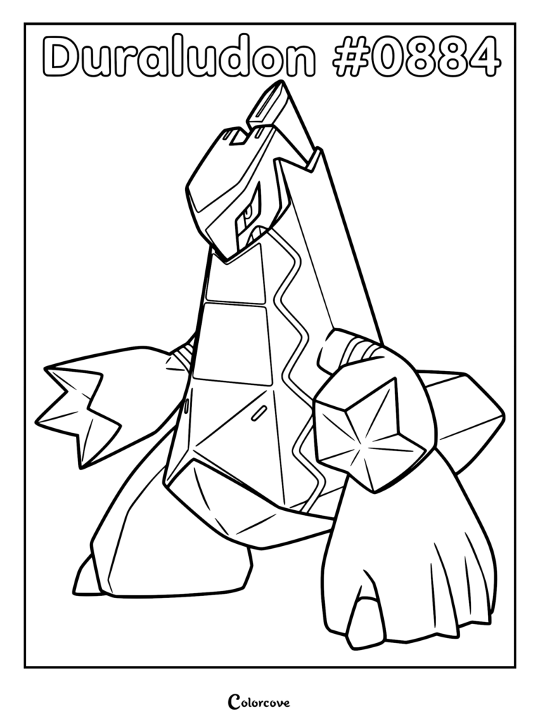 A detailed Duraludon coloring page featuring the metallic Steel-type Pokemon with its signature skyscraper-like body and geometric arm structure.