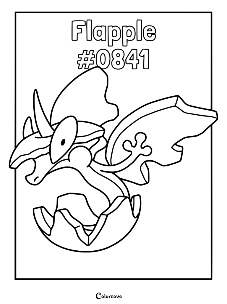Flapple #0841 from the Galar region emerging from an apple-like shell in this printable coloring page.