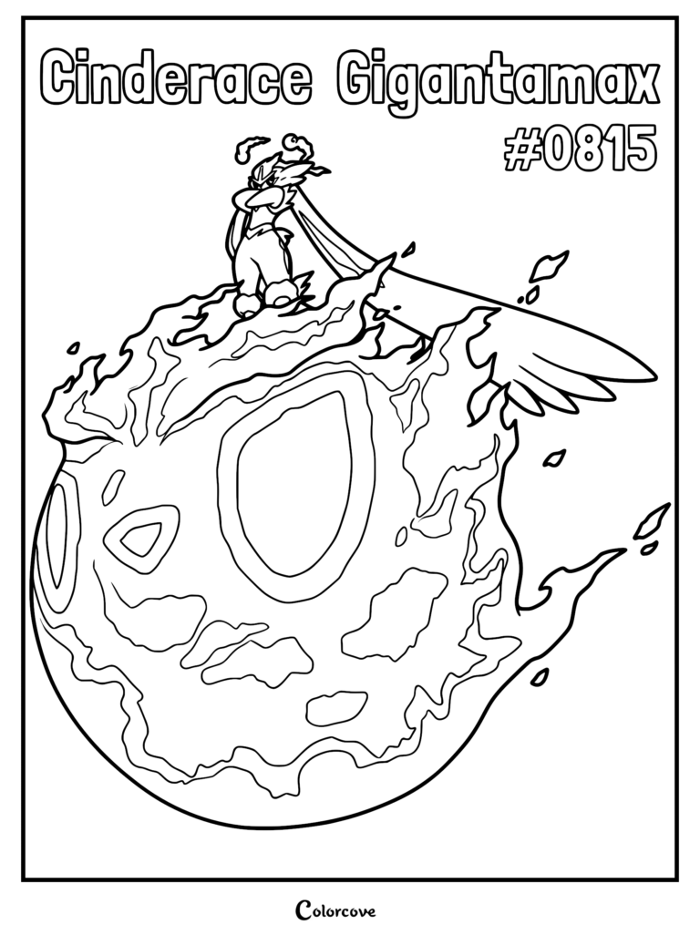 A detailed Gigantamax Cinderace coloring page featuring the powerful Pokemon #0815 balancing atop a massive, fiery, swirling ball of flame.