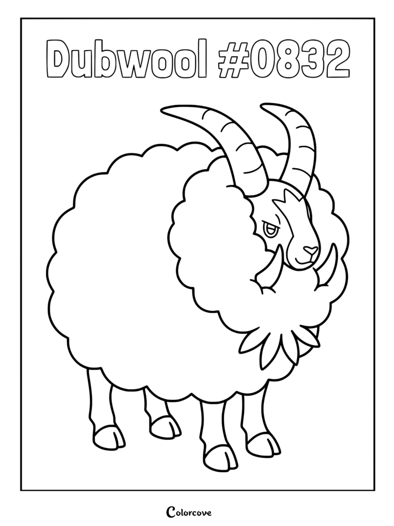 A black and white line art coloring page featuring Dubwool with its thick curly wool and distinct curved horns.