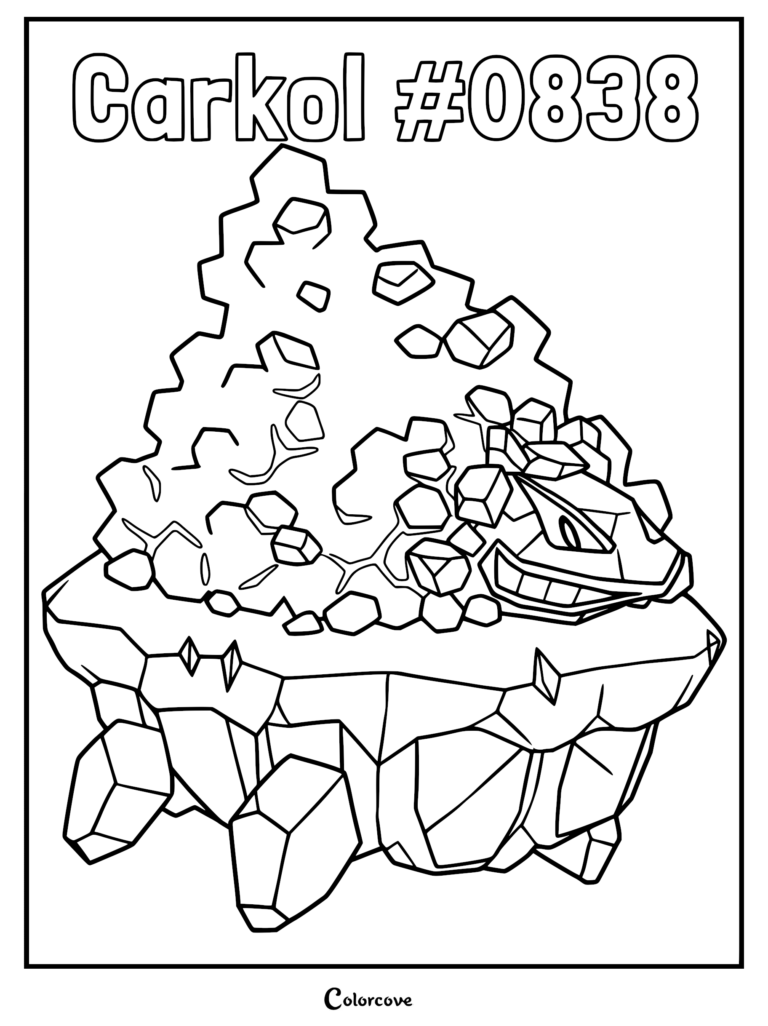 A detailed line art coloring page of the Rock and Fire-type Pokemon Carkol, showing its coal-covered shell and crystalline structure.