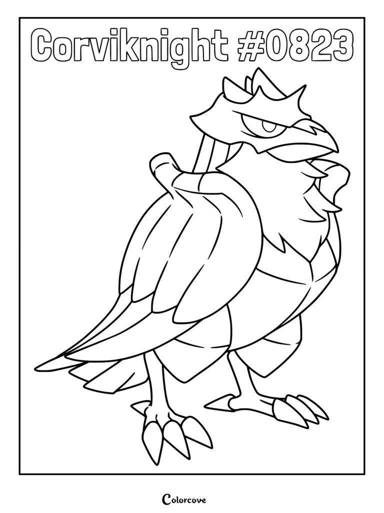 A detailed coloring page of Corviknight, the armored raven Pokemon from the Galar region, standing in a regal profile pose.