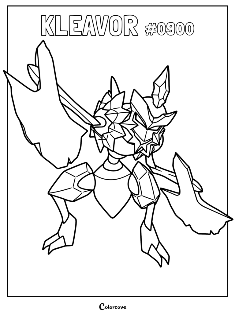 Kleavor Pokemon line art coloring page showing its signature stone-axe arms, crystalline armor plating, and sharp head crest.
