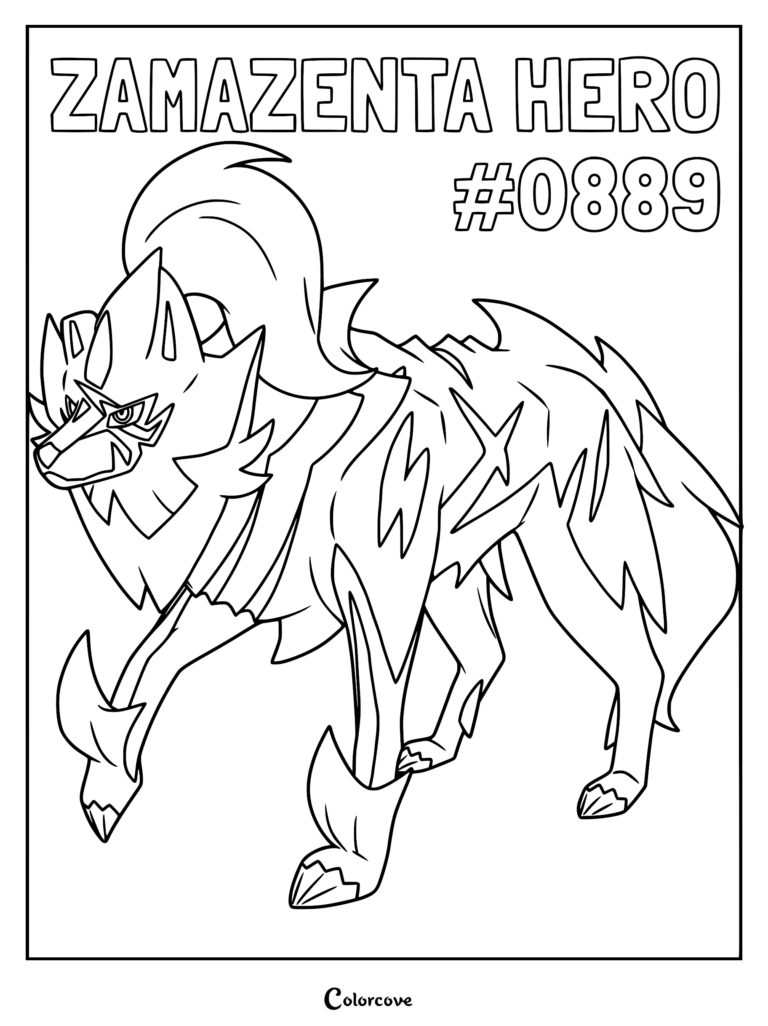 A detailed Zamazenta Hero of Many Battles coloring page featuring the wolf-like Legendary Pokemon standing in a dynamic pose with its signature shield-like fur.