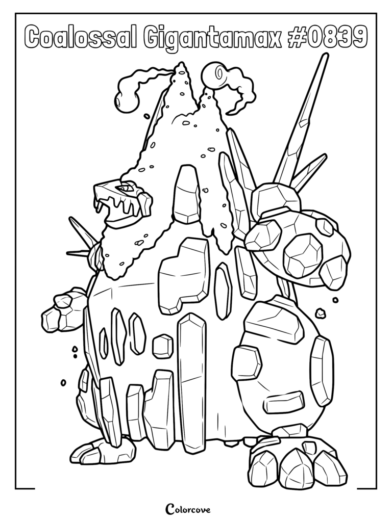 A detailed line art coloring page of the massive mountain-like Pokemon Gigantamax Coalossal with crystalline shards and rocky textures.