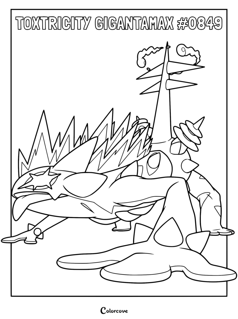 Gigantamax Toxtricity with its iconic lightning-bolt chest crest and tall electrical spire antenna, featured in a detailed Galar region Pokemon coloring page.
