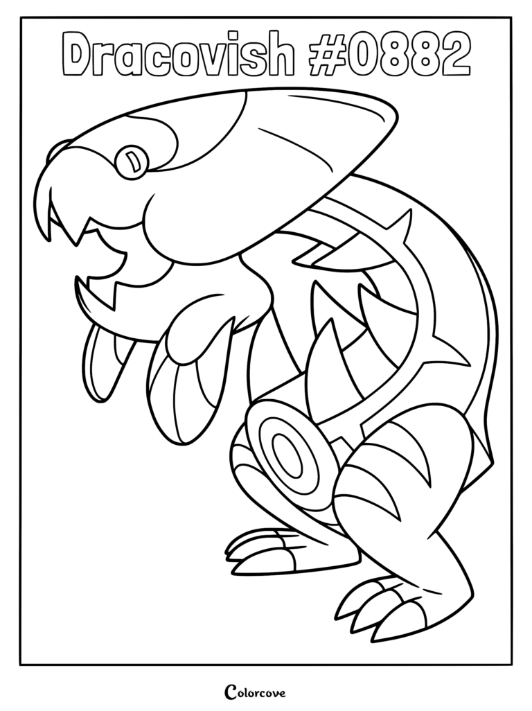 Detailed line art coloring page of Dracovish from Pokemon Galar with its massive head, sharp teeth, and stout body.