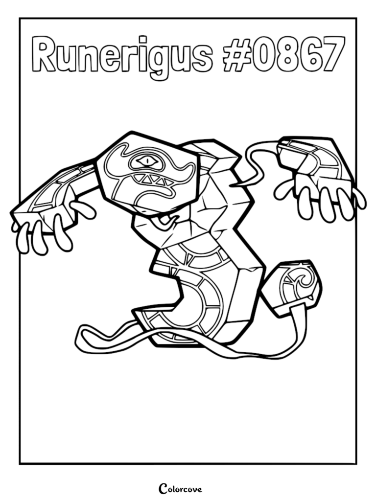 A detailed Runerigus #0867 coloring page featuring the Ghost and Ground-type Pokemon's stone tablet body with floating limb segments and eye patterns.
