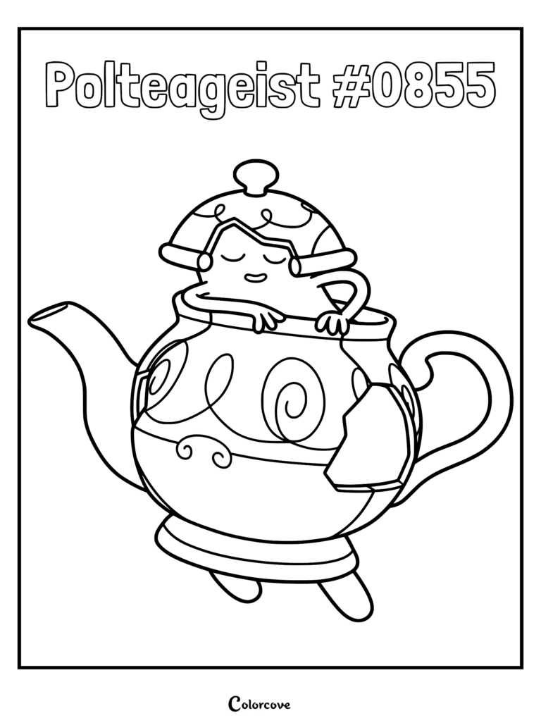 A printable coloring page featuring Polteageist emerging from its antique teapot body with swirling patterns.
