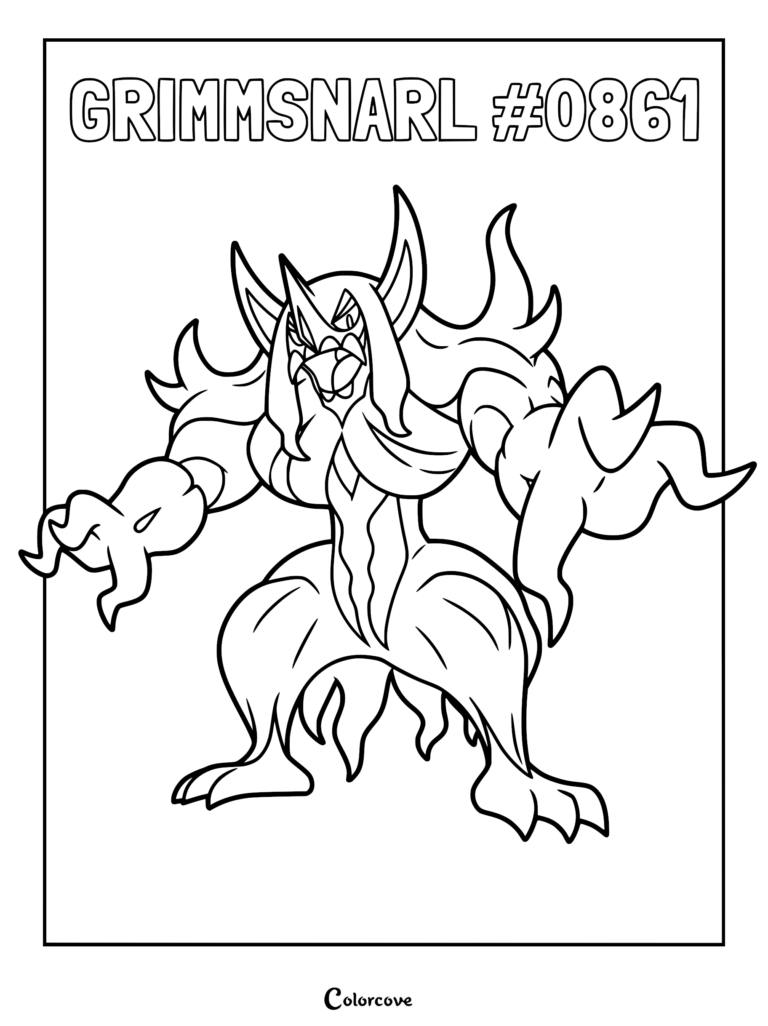 Grimmsnarl, Pokemon #0861, in a dynamic combat pose for a printable coloring page.