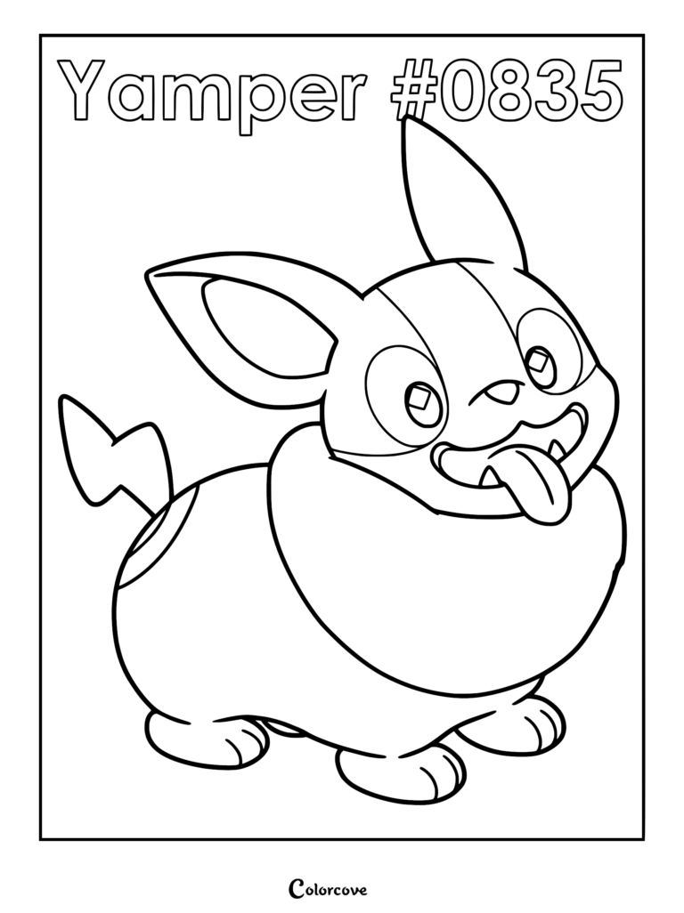 Yamper #0835 Pokemon Galar coloring page featuring the puppy Pokemon with large ears, a lightning-bolt tail, and a happy expression with its tongue out.