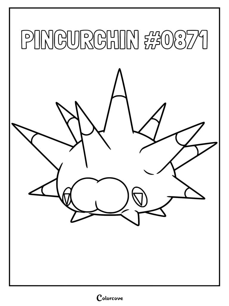 Pincurchin #0871 Pokemon Galar coloring page featuring the sea urchin-like creature with sharp, cone-tipped spikes and a rounded, toothy mouth in black and white line art.