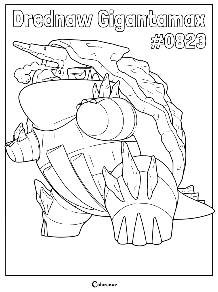 Gigantamax Drednaw in a powerful stance, featuring its massive crystalline shell and spiked limbs on a printable coloring page.
