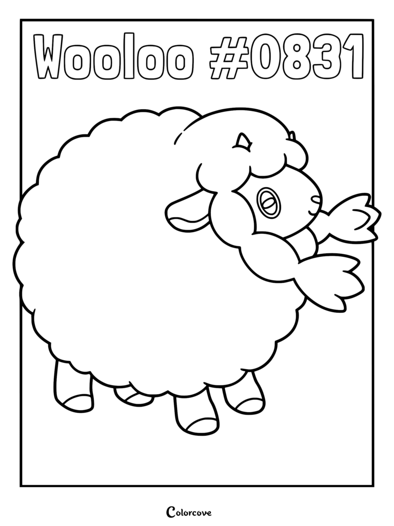 Wooloo #0831 Pokemon Galar coloring page featuring a fluffy sheep with round wool and small hooves in clean line art style.