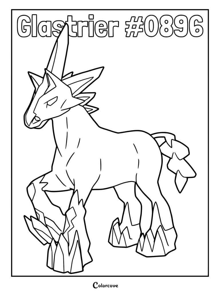 Glastrier, the Wild Horse Pokemon, stands in a powerful pose on this printable coloring page, featuring its signature jagged ice-encrusted hooves and unicorn-like horn.