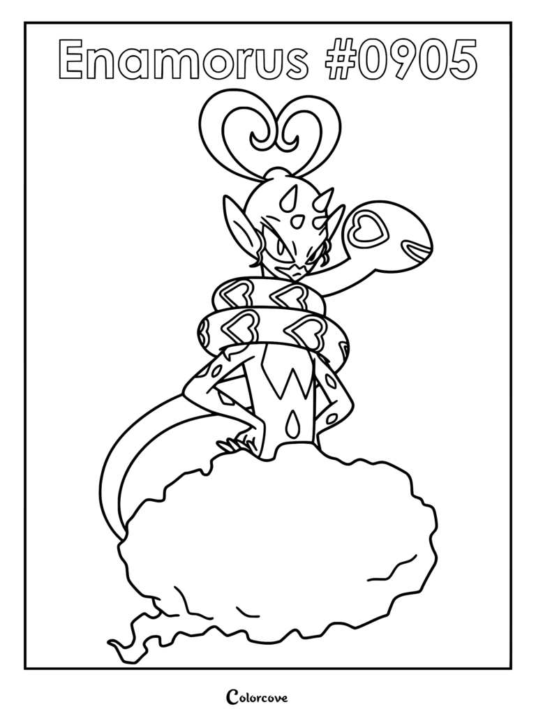 A printable line art coloring page of the Pokemon Enamorus, featuring its signature heart-patterned coils and cloud base.