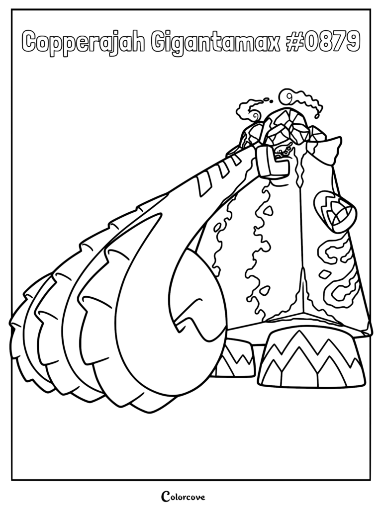 A detailed line art coloring page of Gigantamax Copperajah, featuring its massive trunk, segmented body, and towering crystalline back structure.