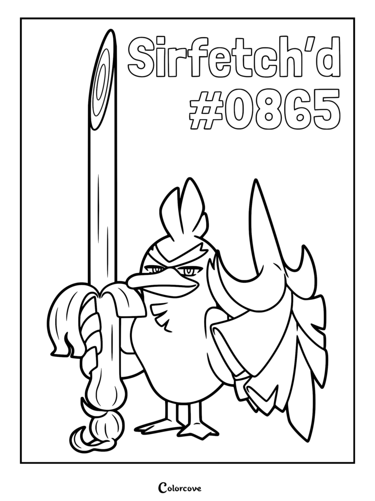 A printable coloring page featuring the Galar Pokemon Sirfetch'd holding its signature leek sword and leaf shield, with clear line art.