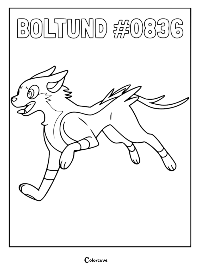 A detailed line art coloring page of the Electric-type Pokemon Boltund, shown in a dynamic running pose.