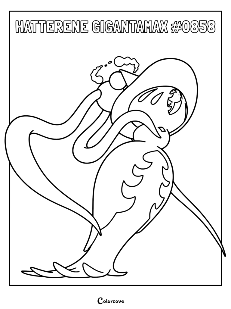 Gigantamax Hatterene coloring page featuring the tall psychic type Pokemon with flowing tentacles and a massive hat design.