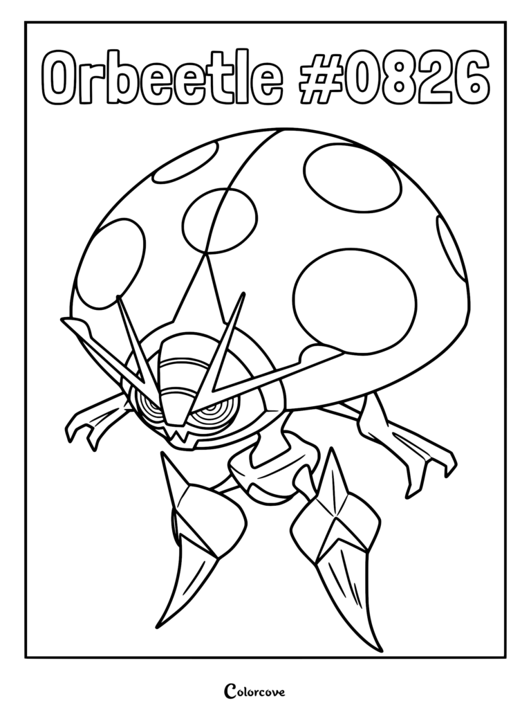 A detailed line art coloring page of the Galar region Bug and Psychic type Pokemon, Orbeetle, featuring its signature large, spotted dome-shaped carapace and spindly legs.