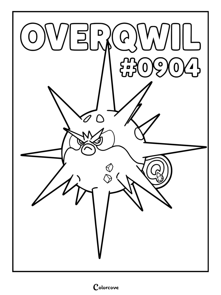 A printable Overqwil coloring page featuring the spiked Poison and Dark-type Pokemon with its signature large, jagged spikes and circular fin.