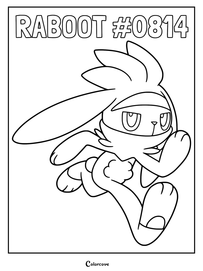 Raboot Galar Pokemon #0814 sprinting forward with long ears, detailed line art for a printable coloring page.
