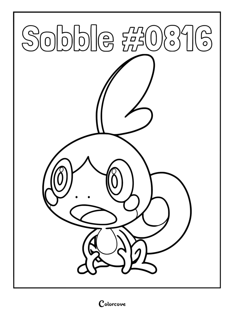 A clear, printable Sobble Pokemon Galar coloring page featuring the water-type lizard with its large eyes, crest, and curled tail.