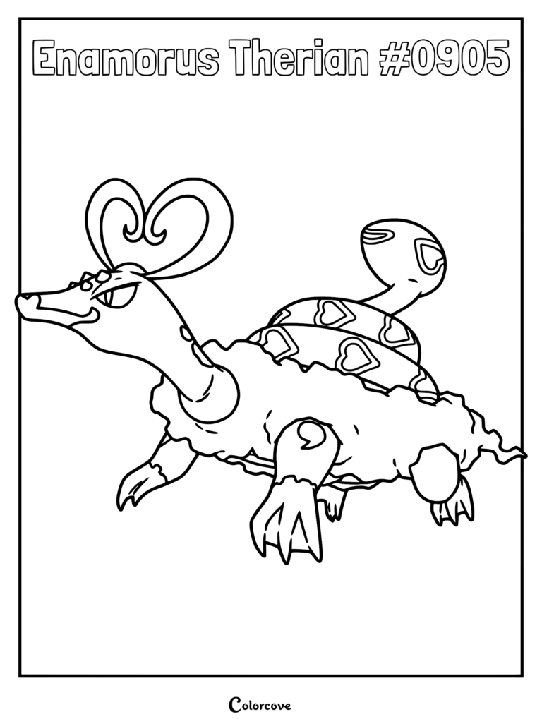 Enamorus Therian Forme #0905 with heart patterns on its shell, a long neck, and crown-like head accessory, printable coloring page.