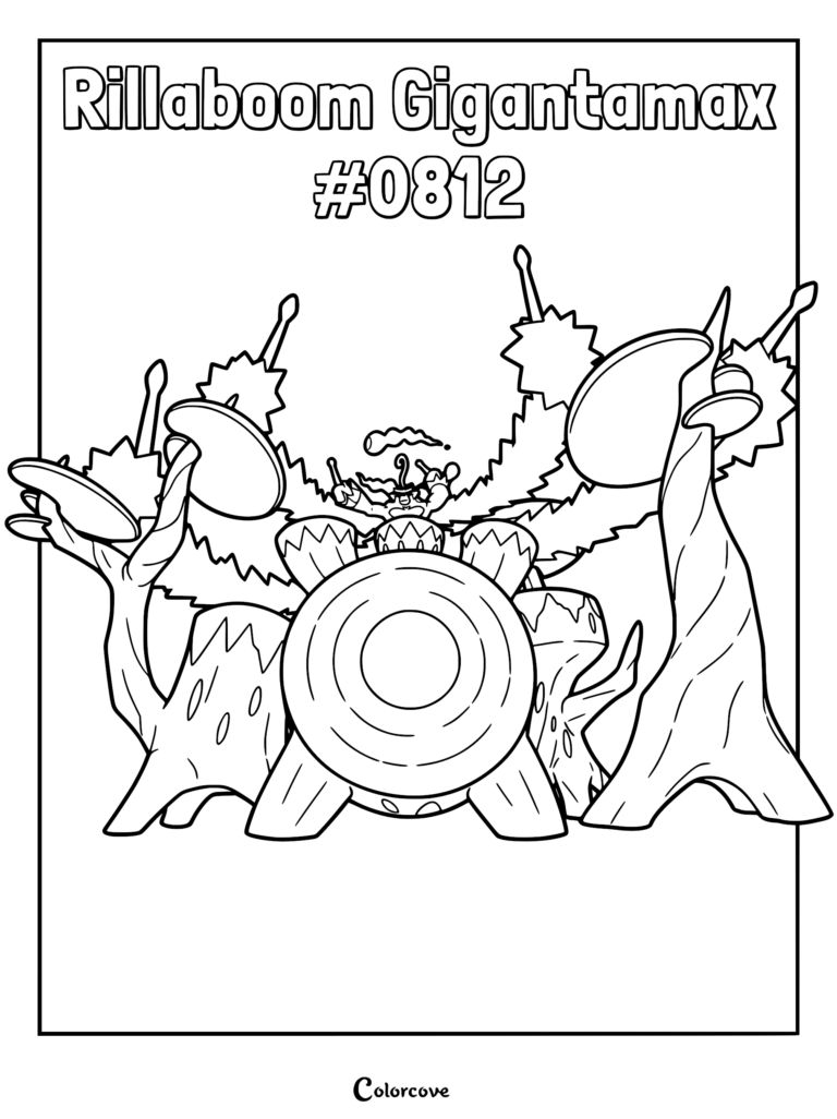 Gigantamax Rillaboom #0812 playing an massive drum set made of tree trunks and cymbals, detailed outline coloring page.