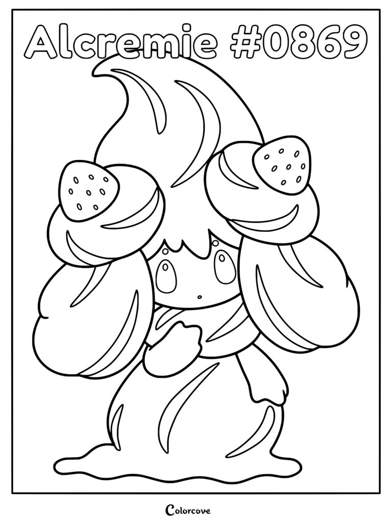 Printable Alcremie #0869 coloring page featuring the whipped cream-like Pokemon with strawberries on its head.