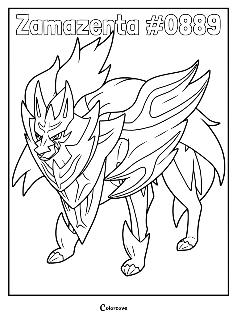 A detailed line art coloring page of the Legendary Pokemon Zamazenta featuring its signature shield-like fur mane.